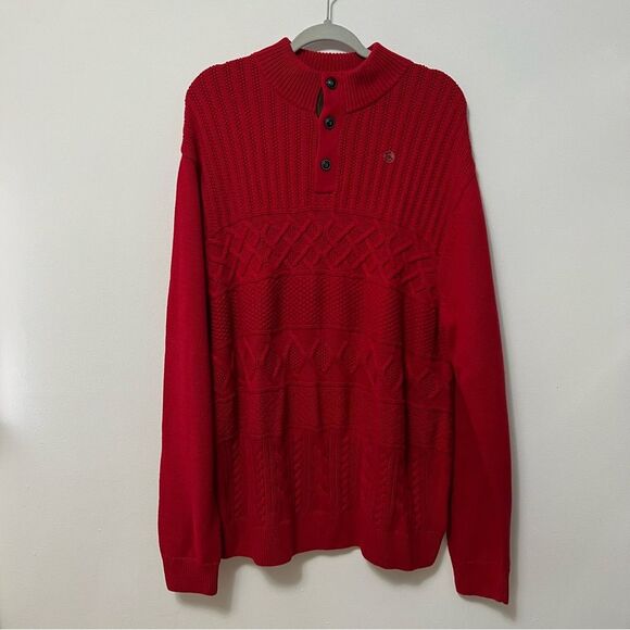 Chaps Mens NWT Fisherman's Sweater Size XXL Red Cotton Cable Button Up Mock Neck - Picture 1 of 9
